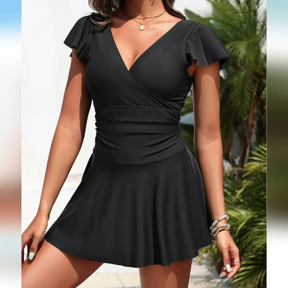 AQUA EVE Elegant Black Ruffle Sleeve Swimdress - Picture 3 of 7